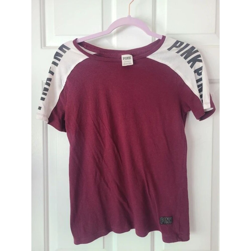 Victorias Secret Pink Womens Round Neck Tee Shirt Sz Xs Extra Small Maroon White